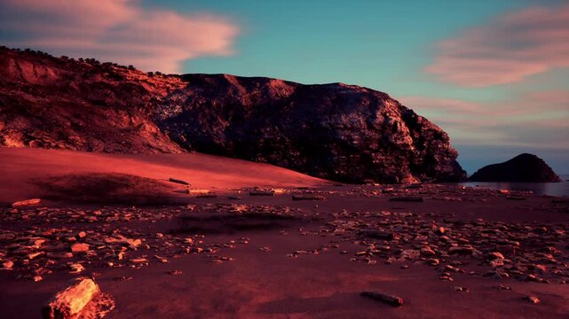 wide coastal foreground at twilight with scattered rocks and driftwood, ideal campsite vibes for explorer or hiker, dramatic sky and expansive horizon