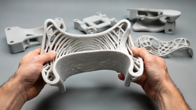 Medium shot of flexible 3Dprinted plastic prototype parts being bent and manipulated to test elasticity and functional adaptability.