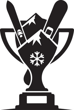 Black vector trophy icon with ski, snowflake and mountain