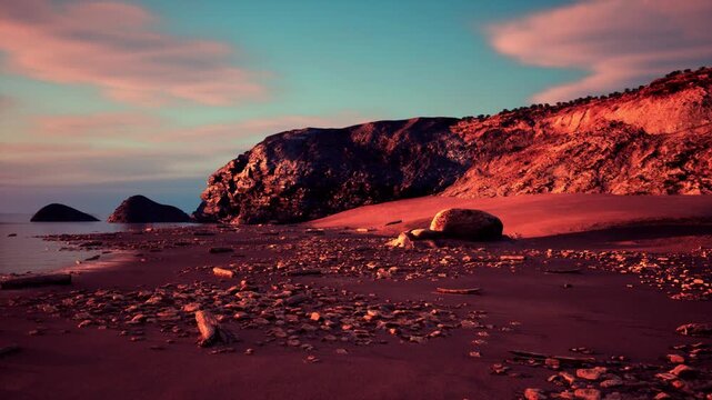 sunset rocky beach with driftwood, pink sky and low tide creating reflective wet sand photographer scouting composition near cliff edge, textured pebbles