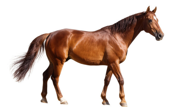 Beautiful chestnut horse with white blaze standing confidently, elegant full body side view