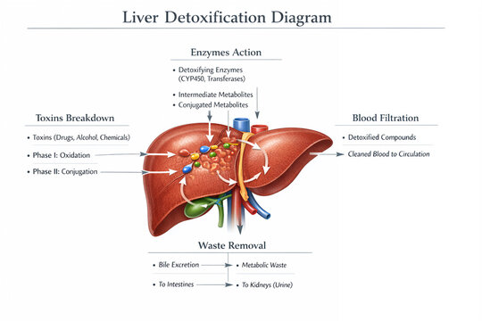 Liver Detoxification Diagram Showing Enzyme Action, Toxin Breakdown and Blood Filtration Process