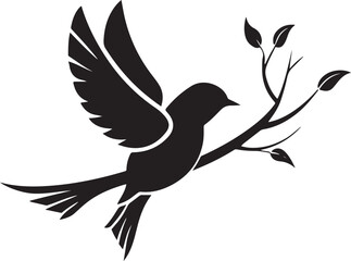 Obraz premium Bird on branch black silhouette icon isolated on transparency grid background vector illustration
