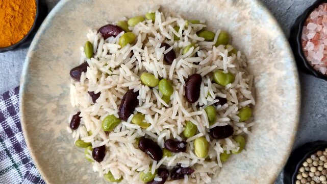 Asian food with rice, edamame, carrots, tofu, and spices. Rice with edamame and carrots as a food background for your design
