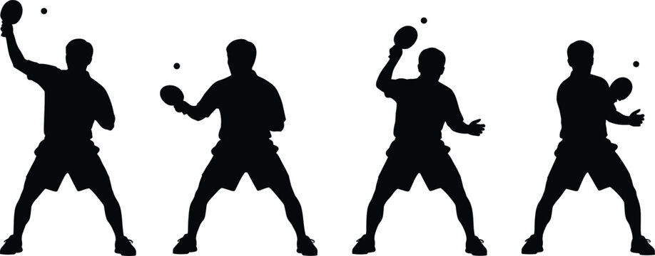 Table tennis player silhouettes set showing forehand and backhand strokes, ping pong sport action collection isolated on white background concept