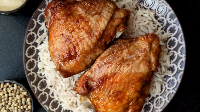 Kabsa or haneeth, an Arabic dish with rice and chicken, salt, and spices. Kabsa or haneeth as a food background for your design