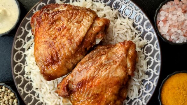 Kabsa or haneeth, an Arabic dish with rice and chicken, salt, and spices. Kabsa or haneeth as a food background for your design