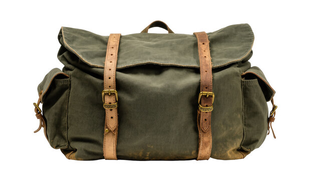 Rugged vintage olive green canvas travel bag with aged leather straps and brass buckles