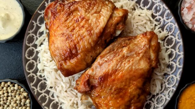Kabsa or haneeth, an Arabic dish with rice and chicken, salt, and spices. Kabsa or haneeth as a food background for your design