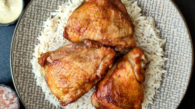 Kabsa or haneeth, an Arabic dish with rice and chicken, salt, and spices. Kabsa or haneeth as a food background for your design