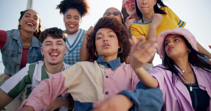Gen z friends, dancing and outdoor with face, happy or fashion in streetwear at college in summer. Woman, university student and people in portrait with culture, diversity or smile at campus in USA