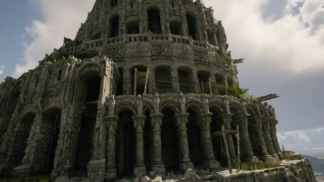 massive carved stone facade with arches, deep gallery shadows, layered columns and openings, scaffolding hints and restoration cues, intricate ornament