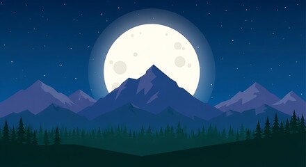 Obraz premium A serene night mountain landscape with glowing moon and stars over a dark forest silhouette