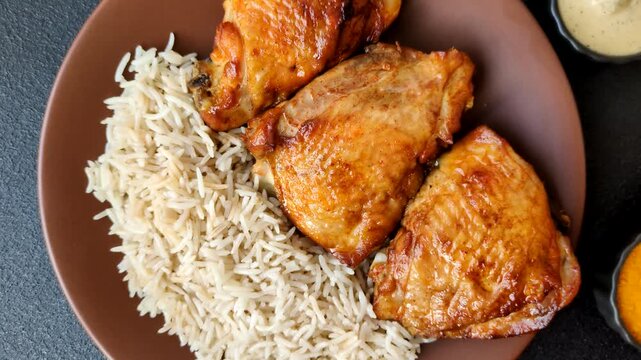 Kabsa or haneeth, an Arabic dish with rice and chicken, salt, and spices. Kabsa or haneeth as a food background for your design