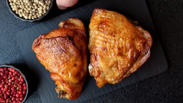 Grilled or barbecued chicken legs, spicy meat cooked with salt and spices. Grilled chicken legs as a food background for your design