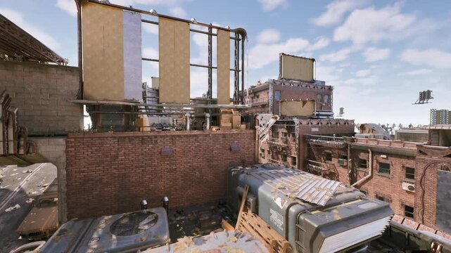 Industrial rooftop showing rusted trucks, brick and vents, expansive skyline with weathered metal, corrugated panels, distant chimneys, empty service area,