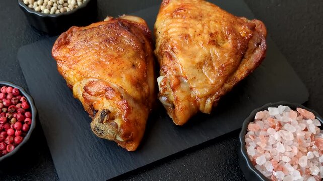 Grilled or barbecued chicken legs, spicy meat cooked with salt and spices. Grilled chicken legs as a food background for your design