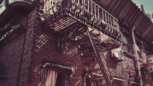 rusty gas meters on brick wall, clustered metal valves and pipes, conduit network and brackets, late afternoon shadows, gritty texture and vintage patina,