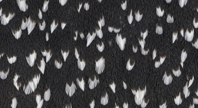 A close-up shot of a bird's feathers, displaying a black and white spotted pattern. The feathers appear fluffy and textured, creating a speckled effect.