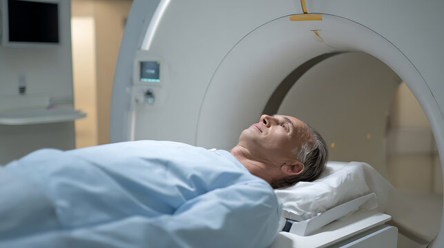 Older adult patient lie on table preparing for medical scan procedure in hospital clinic, diagnostic test for patient condition, health checkup