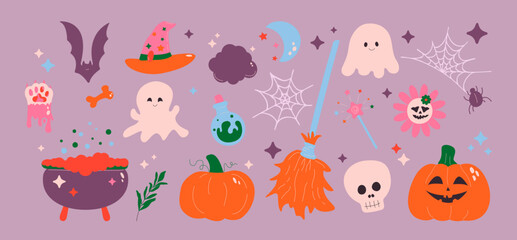 Fototapeta premium A cute children's set featuring Halloween doodles, pumpkin, Dracula cat paw, ghost, skull, spider web, potion, bone, hat, and bat. Spooky autumn season. Trendy cartoon style. Flat lilac background.
