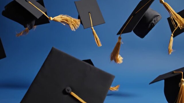 Black graduation caps with golden tassels flying on blue background