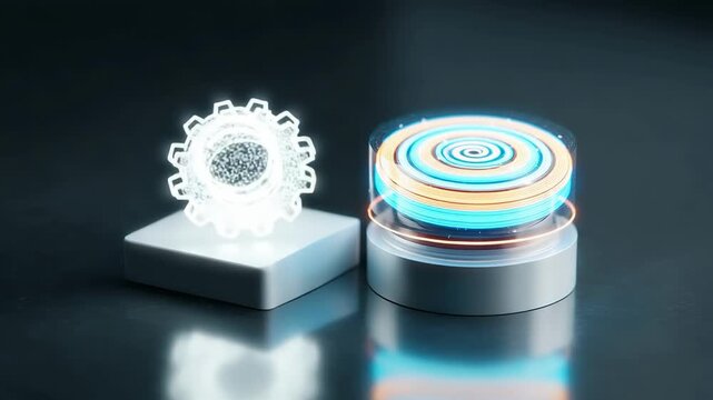 Futuristic holographic gear beside a rotating data cylinder in a sleek lab; neon glow, glassy surfaces, cyberpunk-toned scene.