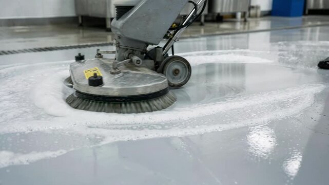 Medium shot of a lowfoam industrial floor cleaner being sprayed and scrubbed in a sterile food processing area highlighting efficient residuefree cleaning.