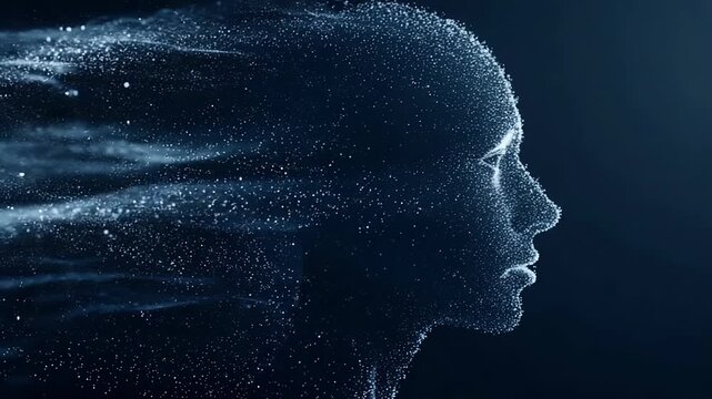Profile silhouette of a human head made from blue particles; streaming light trails on a dark blue background; futuristic, abstract digital portrait