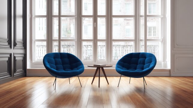 Two blue velvet chairs and a small wooden table in a bright room interior furniture