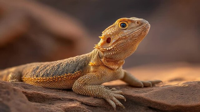 Close-up of a bearded dragon lounging on a sunlit rock; warm orange-brown scales and intricate patterns glow against a desert backdrop