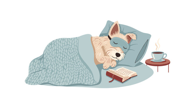 A small dog sleeps soundly under a blanket with a sleep mask, beside a table holding a book and a cup of coffee.
