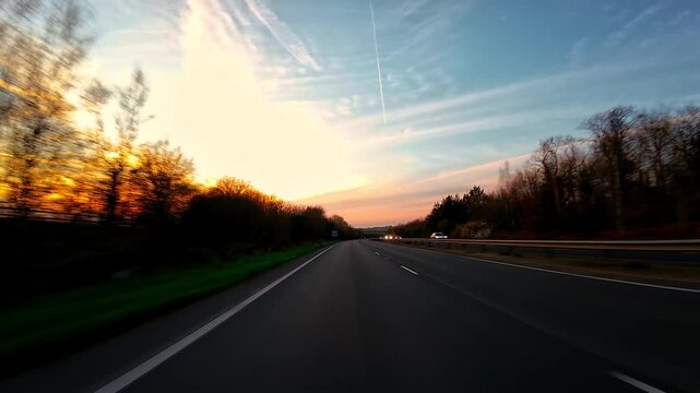 Bus traveling on highway near forest at sunset with passing cars, rural driving journey first person view. Open asphalt road moving through trees and landscape under warm evening sky, road trip
