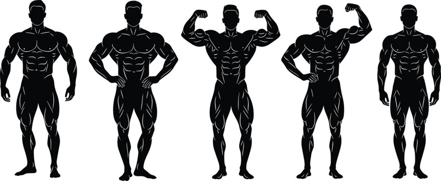 Bodybuilder silhouettes set showcasing muscular male physique posing front double biceps and relaxed stances isolated fitness vector illustration