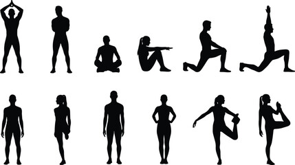 Fototapeta premium Fitness and yoga silhouettes set showing stretching, lunges and balance poses, healthy lifestyle collection isolated on white background wellness concept