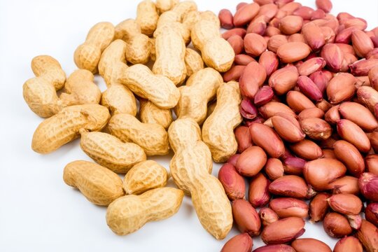 Two Piles of Peanuts One in Shell and One Shelled Against a White Background groundnuts legumes