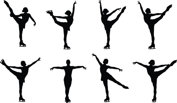 Figure skating silhouettes set showing elegant spins and balance poses, graceful ice dance performance collection isolated on white background concept