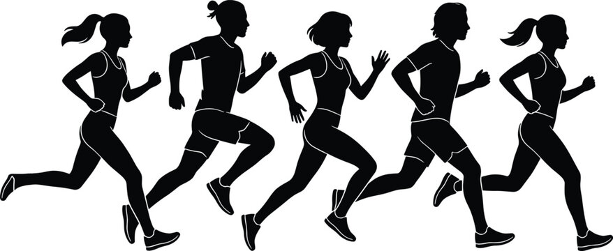Group of male and female runners silhouettes in dynamic jogging and sprint motion isolated on white background for fitness and sports design use