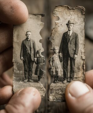 Vintage sepia photograph of a torn family portrait held by weathered hands antique aged