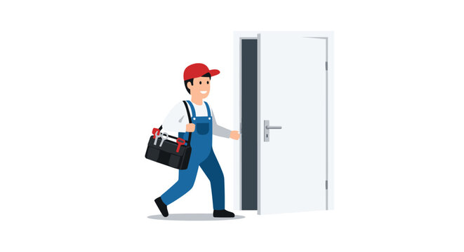 A smiling male repairman in blue overalls carries a toolbox while walking through an open white door on a white background.