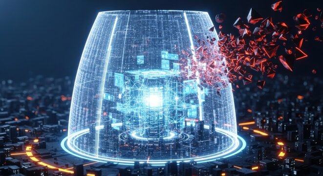 a highly stylized, futuristic digital shield or containment field protecting a central core within a sprawling, dark metropolis