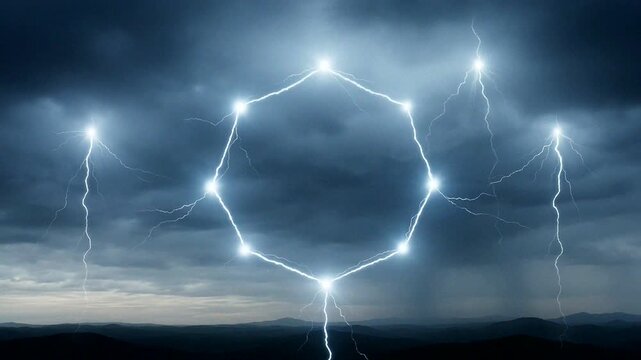 Lightning forms a glowing hexagon in a dark stormy sky over distant hills with dramatic clouds.