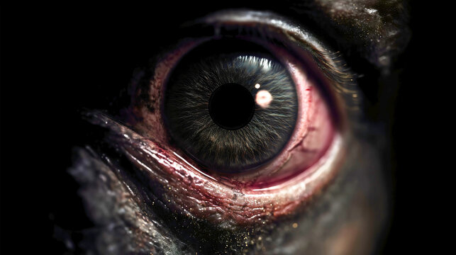 Monstrous veiny eye in the dark, realistic horror creature iris with wet skin texture, cinematic nightmare concept.