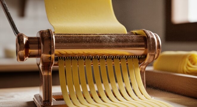 a pasta machine, likely a Marcato Atlas model, which is used to roll and cut homemade pasta dough