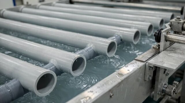 Medium shot focusing on the cooling and cutting phase of plastic drain pipe extrusion emphasizing smooth surfaces and uniform wall thickness for plumbing use.