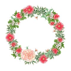 Fototapeta premium Watercolor illustration of a wreath of delicate roses and other flowers on a white background, hand-drawn.