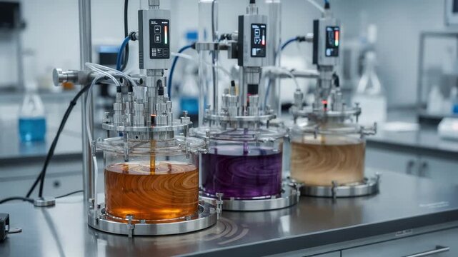 Medium shot of advanced sensors capturing realtime data on batch viscosity and color showcasing AIdriven process monitoring optimizing consistency in a hightech lab environment.