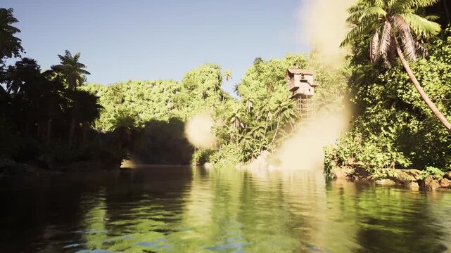 Sunlit river cove with tropical palms, misty foreground blur and distant stone outcrop evoking folklore, treasure lore and cinematic adventure mood for historic