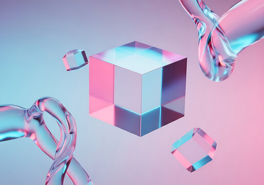 3d rendering of a cube and abstract glass objects in pink and blue hues