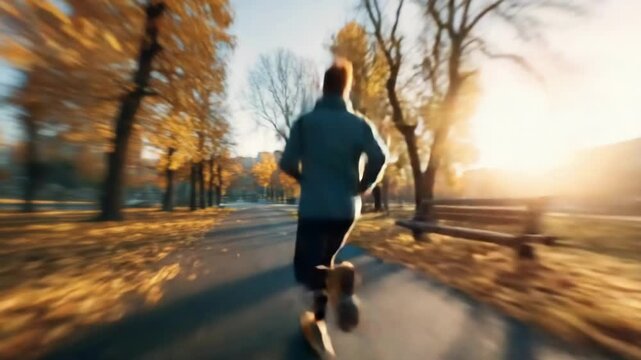 A runner speeds along a sunlit autumn park path, leaves blazing orange and gold around them; warm sunset backlights the trees and benches as the motion blur conveys speed